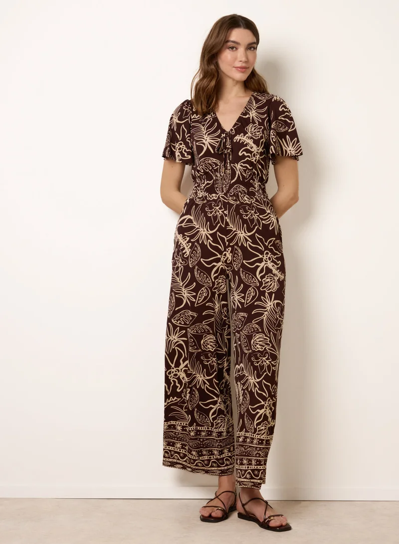 بلو فانيلا Tropical Print Shirred Waist Elasticated Round Neck Jumpsuit